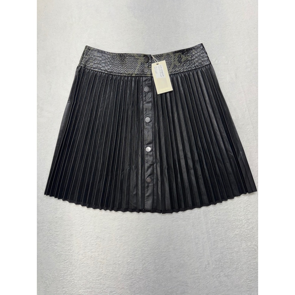 Ramy Brook Anya Mini Skirt Black Snake Embossed Pleated Faux Leather Size 4 NEW